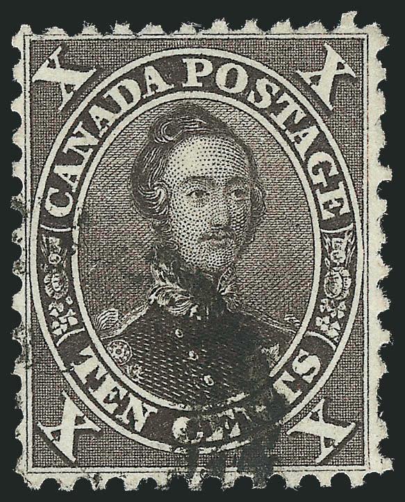 CANADA, 1859, 10c Black Brown (16).> Rather well-centered for this elusive shade, part of target cancel clear of central portrait, short perf at right near bottom, otherwise Fine, rare stamp from the First
Printing and seldom offered in any condition