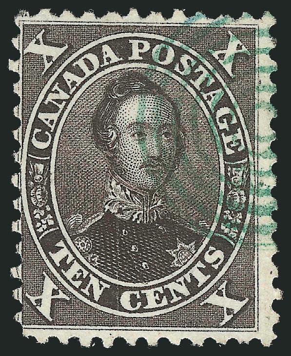 CANADA, 1859, 10c Chocolate Brown (16 var Unitrade 16i).> Average centering, incredibly strong color which is so very close to Black Brown, in addition this rare stamp has a <Green Target cancel> which may be
unique on this stamp, light vertical cre