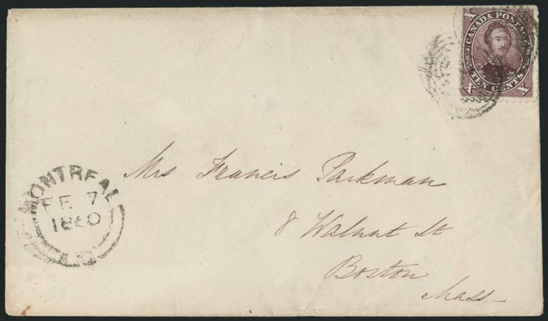 CANADA, 1859, 10c Deep Reddish Purple (17e).> Second Printing, intense color, tied by targets, Montreal FE 7, 1860 circular datestamp on Parkman correspondence cover to Boston, Fine, striking very scarce
shade