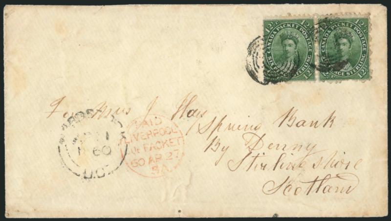 CANADA, 1859, 12-12c Dark Green (18).> Horizontal pair, tied by targets, Woodstock 1860 double-circle datestamp on cover <to Scotland,> red Paid Liverpool Col. Packet datestamp, flap tear and slight ageing,
still Fine, scarce double Canadian Packe