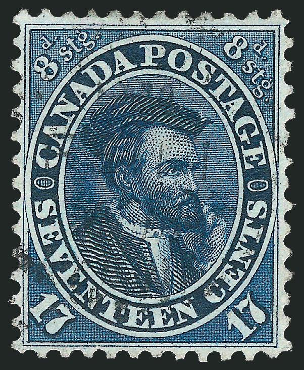 CANADA, 1859, 17c Blue (19).> Incredibly well-centered with margins clear of the design all around, intense color, neat circular datestamp, Extremely Fine Gem