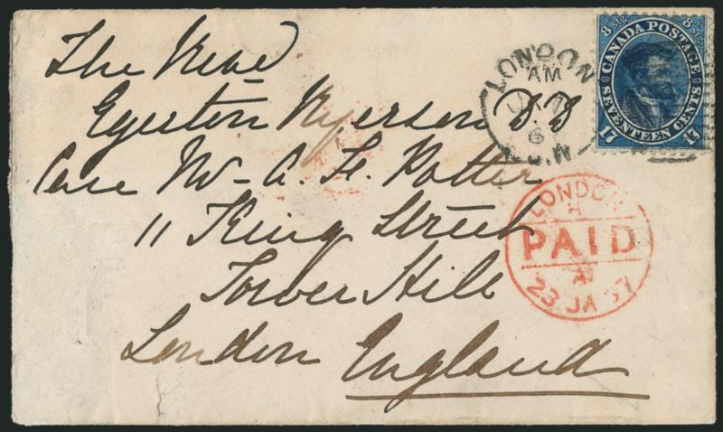 CANADA, 1859, 17c Blue (19).> Deep rich color, on small cover to England, tied by London C.W. 1867 grid duplex, red London Paid, cover scuff bottom left, otherwise Fine, very attractive example of the single
17c rate per Royal Mail Steamer (Cunar