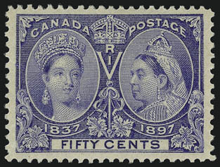 CANADA, 1897, -12c-50c Jubilee (50-60).> Original gum, lightly hinged (couple lower values may be Mint N.H.)., sensational centering throughout, several with exceptional margins, Extremely Fine lot, 50c with
1995 P.F. certificate