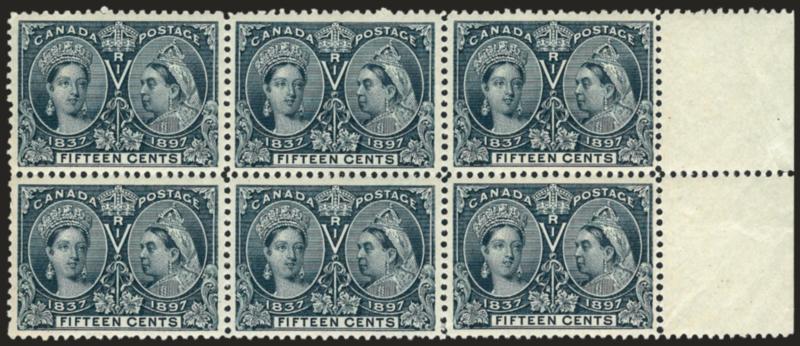 CANADA, 1897, 15c Jubilee (58).> Mint N.H. horizontal block of six with right selvage (small separation), very attractively centered, strong color and fine impression, couple tiny trivial edge flaws in left
margins of left pair, otherwise Very Fine