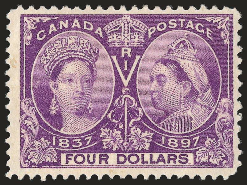 CANADA, 1897, $4.00 Jubilee (64).> Original gum, faintly hinged, deep rich color, rounded bottom left corner perf, otherwise Fine