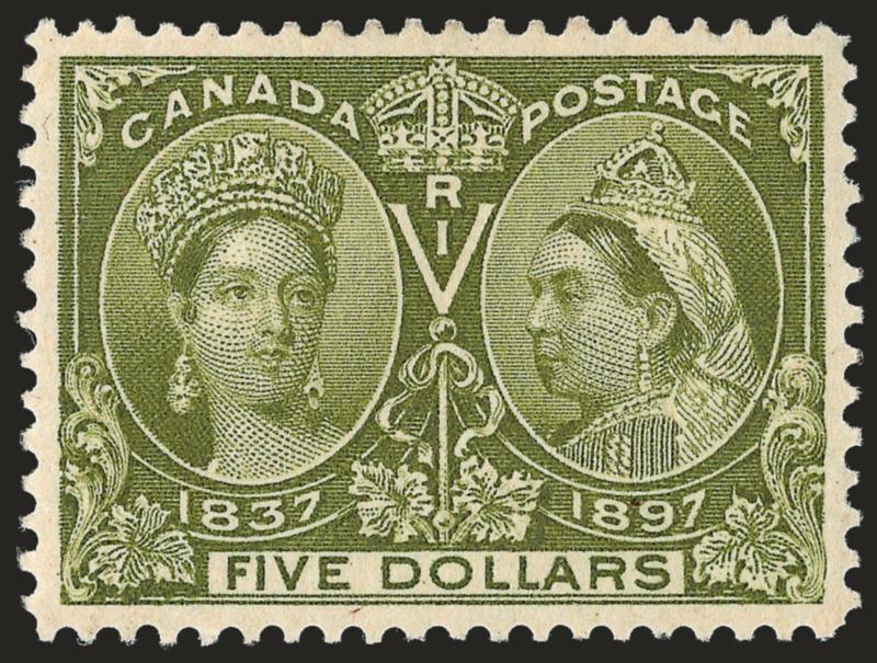 CANADA, 1897, $5.00 Jubilee (65).> Original gum, very faintly hinged, essentially perfectly centered with incredible depth of color, Extremely Fine, a true premium example of this 1897 Jubilee top value, with
1993 P.F. certificate