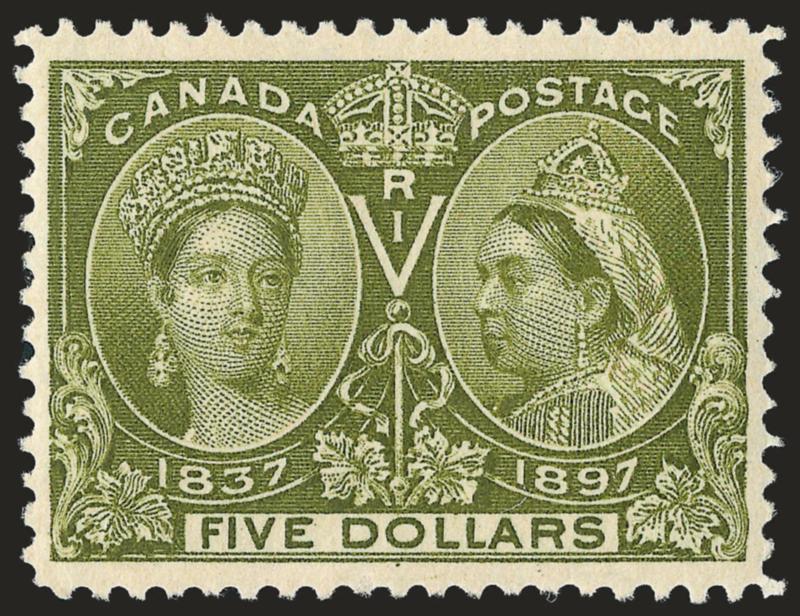CANADA, 1897, $5.00 Jubilee (65).> Original gum, faintly hinged if at all, light fingerprint mark, reperfed at right, Extremely Fine appearance, Scott Retail as hinged