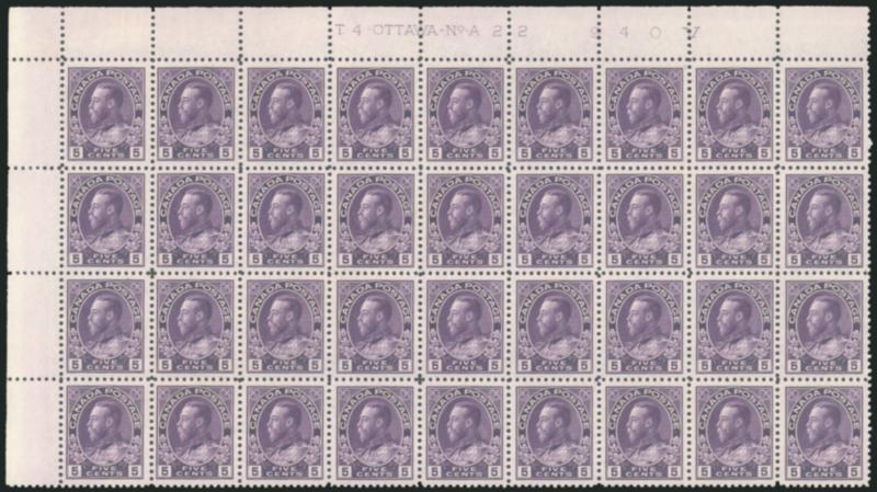 CANADA, 1924, 5c Violet, Thin Paper (112a).> Mint N.H. block of 36 with top plate no. T4 OTTAWA-No.-A 22   940 V, Very Fine-Extremely Fine, incl. quite a few very nice stamps