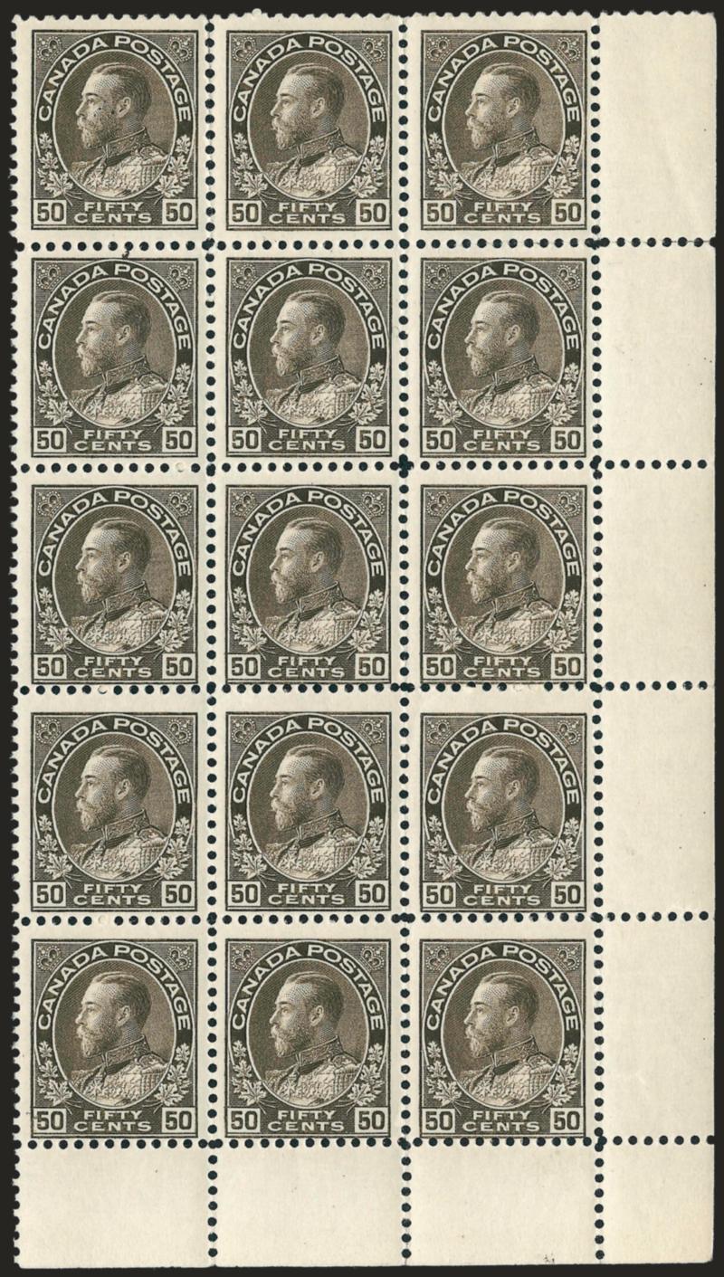 CANADA, 1925, 50c black Brown (120).> Mint N.H. block of fifteen with bottom right corner selvage, some separations, generally Fine multiple