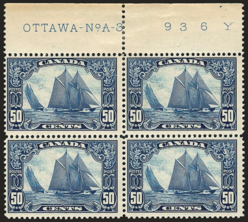 CANADA, 1929, 50c Bluenose (158).> Block of four with top Ottawa-No.A-3   936 Y margin, bottom pair lightly hinged, bottom pair Mint N.H., Fine, Scott Retail as two hinged and two Mint N.H. singles
