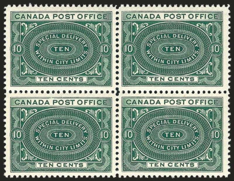 CANADA, 1898, 10c Blue Green, special Delivery (E1).> Mint N.H. block of four, incredibly fresh with phenomenal centering, Extremely Fine