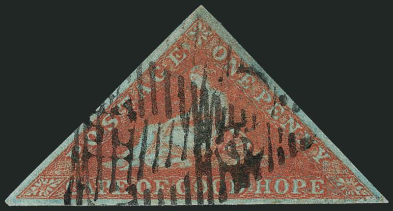 CAPE OF GOOD HOPE, 1853, 1p Deep Brick Red on Deeply Blued Paper (1b SG 1a).> Margins all around, rich color, triangular cancels, Very Fine, SG £325