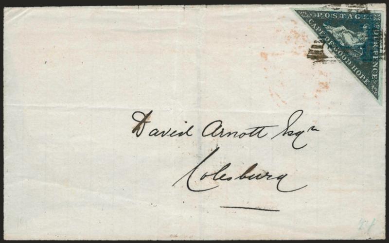 CAPE OF GOOD HOPE, 1853, 2p Deep Blue on Deeply Blued Paper (2a SG 2).> Beautiful large margins and strong color, tied by negative CGH triangle on 1861 folded cover, parts of back flaps missing, still Extremely
Fine, lovely cover