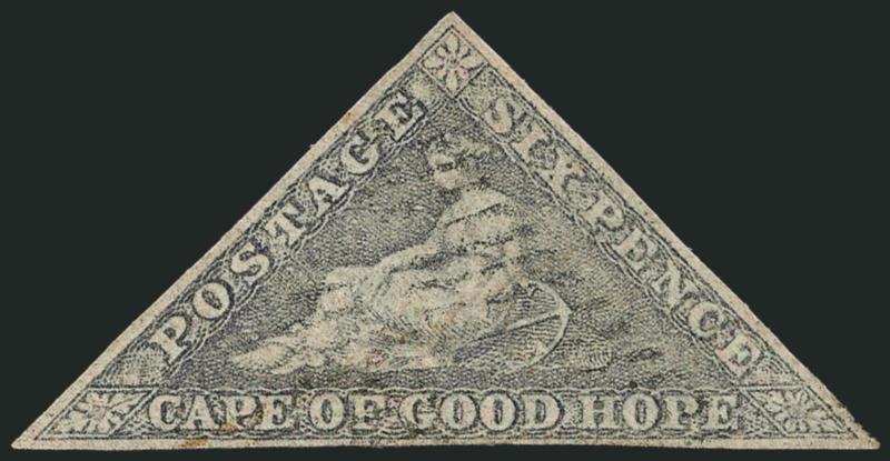 CAPE OF GOOD HOPE, 1853, 6p Slate Purple on Bluish Paper (5c SG 7d).> Margins all around, a little closer at bottom center, light triangular grid cancel, Fine, ex Chapin, with 2002 Sismondo certificate, SG
£1,000
