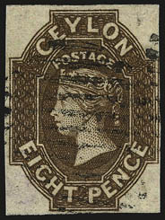 CEYLON, 1857-59, 6p Plum on Blue Paper, 8p Brown (2, 8 SG 1, 7).> Margins all around, rather nice on the 8p, grid cancels, 8p tiny thin spot, otherwise Fine-Very Fine, 8p ex Ferrary, SG £1,950