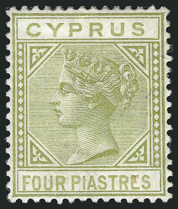 CYPRUS, 1881, 4pi Olive Green (14 SG 14).> Large part original gum, small h.r., essentially flawless centering, Extremely Fine, SG £900