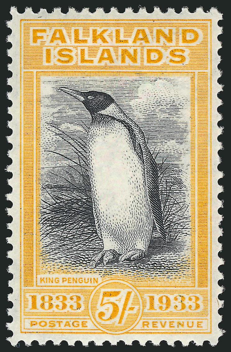 FALKLAND ISLANDS, 1933 5sh Centenary (74 SG 136).> Lightly hinged, wonderfully fresh with near perfect centering, Extremely Fine, SG £650