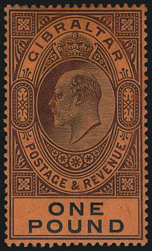 GIBRALTAR, 1903-12, £1 Violet & Black on Red (48, 64 SG 55, 64).> Lightly hinged, beautifully centered, Extremely Fine, SG £1,000