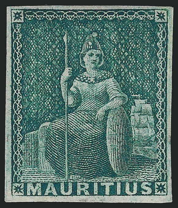 MAURITIUS, 1858, (4p) Green on Bluish (9 SG 27).> Original gum, margins all around, Very Fine and choice, SG £450
