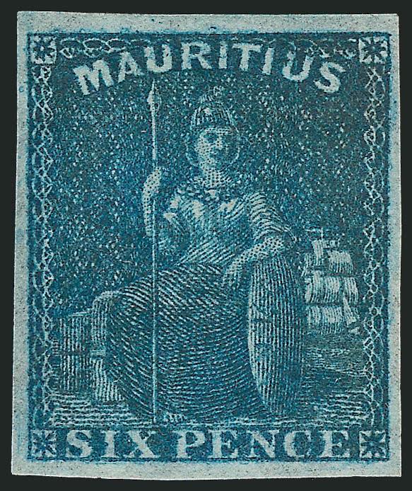 MAURITIUS, 1859, 6p Blue (18 SG 32).> Original gum, ample to large margins, strong color and wonderfully fresh, Extremely Fine, SG £600