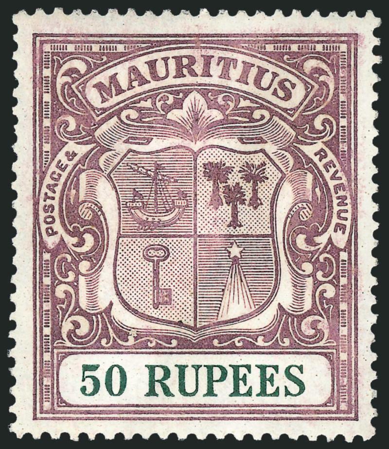 MAURITIUS, 1924, 50r Lilac & Green (200 SG 222).> Barest trace of hinging, well-centered, Very Fine and choice, with 1990 P.F. certificate, SG £700