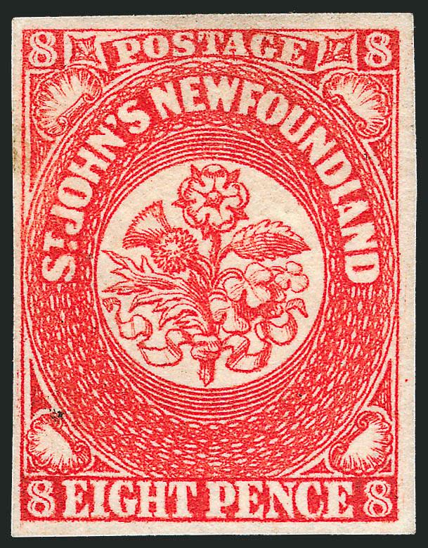 NEWFOUNDLAND, 1857, 8p Scarlet Vermilion (8).> Part original gum, ample to large margins, vivid color, Very Fine