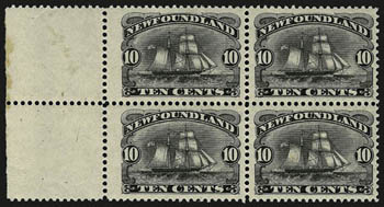 NEWFOUNDLAND, 1887, 10c Black (59).> Mint N.H. single, vertical pair and block of four with left selvage, fresh, well-centered, Very Fine, Scott Retail as seven hinged singles