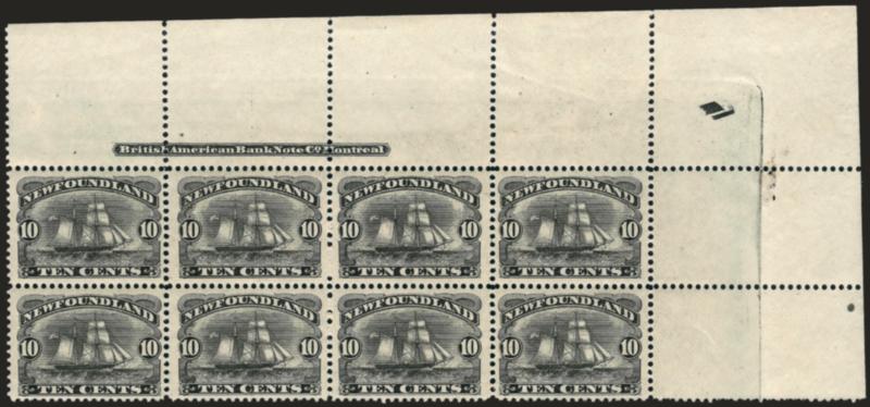 NEWFOUNDLAND, 1887, 10c Black (59).> Mint N.H. horizontal block of eight with huge top right sheet corner selvage and full British American Bank Note Co. Montreal, incredibly fresh, Fine-Very Fine, pos. 2 and 3
exceptional, a marvelous showpiece, S