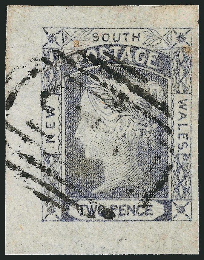 NEW SOUTH WALES, 1851, 2p Grayish Blue, Bluish, Pl. I (Sc. 14b SG 55).> Large to enormous margins incl. part of sheet margin, oval grid, Extremely Fine Gem, a gorgeous stamp, SG £30