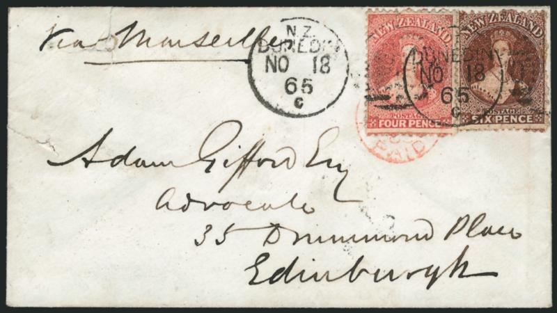 NEW ZEALAND, 1864-65, 4p Deep Rose, 6p Red Brown (34, 36 SG 119, 122).> Single of each, tied by Dunedin Nov. 18, 1865 duplex, second strike at left, on cover <to Scotland,> 4p attractively centered, also tied
by red London Paid transit, Jan. 13, 1