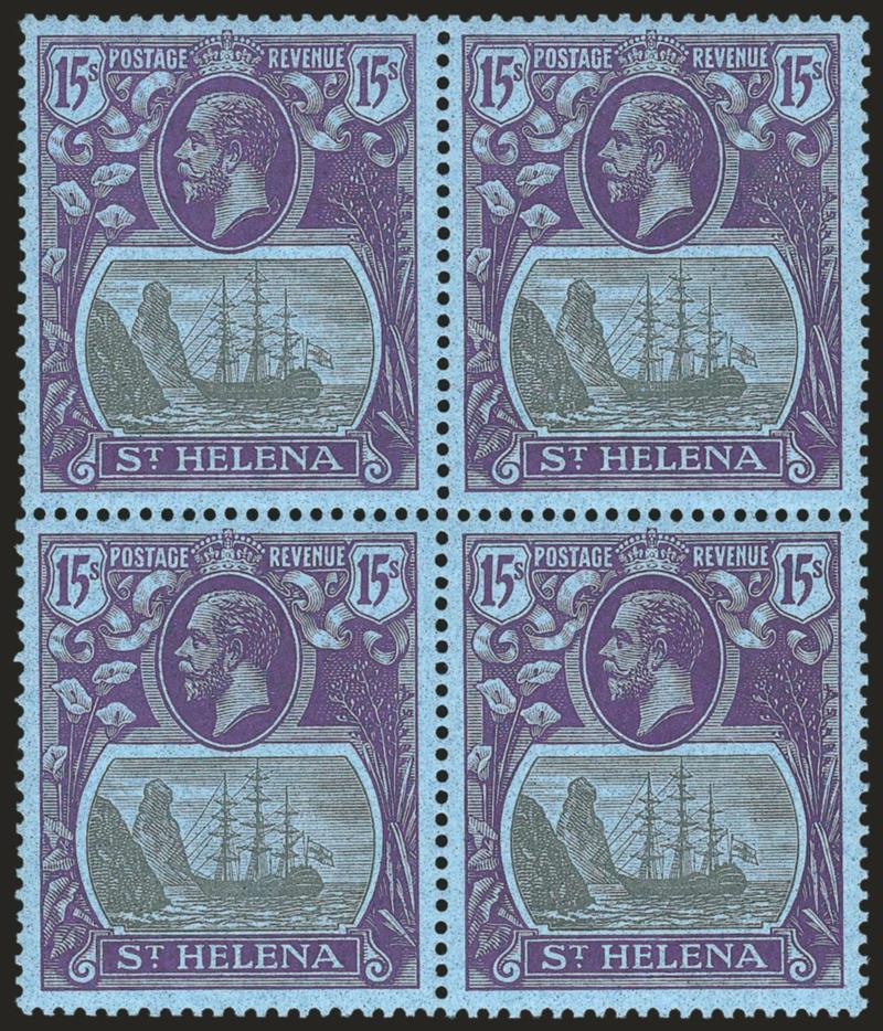 ST. HELENA, 1922, 15sh Violet & Black on Blue (94 SG 113).> Mint N.H. block of four, beautifully centered, fresh and <><>^EXTREMELY FINE. A BEAUTIFUL POST OFFICE CONDITION MULTIPLE OF THE KEY VALUE OF THE
1922-27 BADGE OF THE COLONY ISSUE.^<>