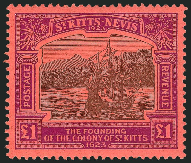 ST. KITTS-NEVIS, 1923, £1 Violet & Black on Red (64 SG 60).> Lightly hinged, wonderfully fresh and well-centered, Extremely Fine, SG £750
