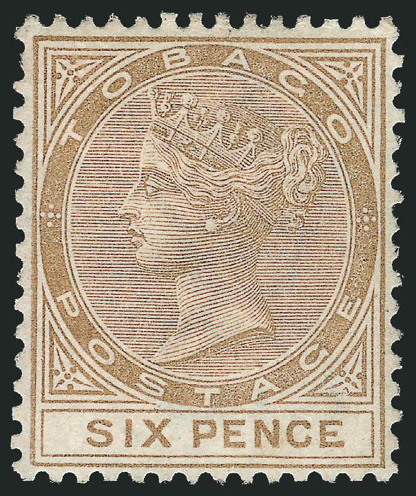 TOBAGO, 1884, 6p Bister Brown (21 SG 19).> Original gum, fresh color, Very Fine and choice, with 1977 P.F. certificate, SG £550