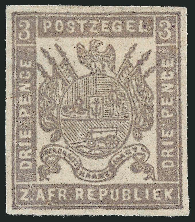 TRANSVAAL, 1875-76, 3p Dull Violet (37 SG 56).> Traces of original gum, large balanced margins, Extremely Fine, surprisingly difficult to find this nice, with 1958 Royal Philatelic Society and 1991 P.F.
certificates, SG £400