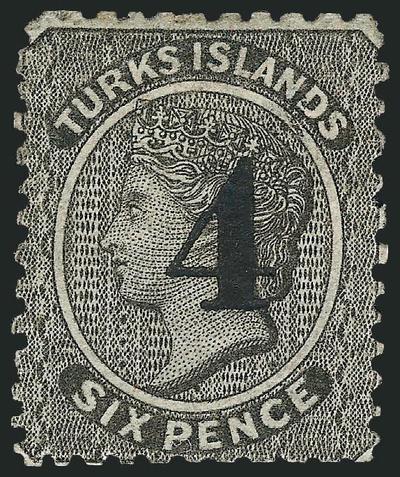 TURKS ISLANDS, 1881, 4p on 6p Gray Black (35 SG 42).> Original gum, h.r., about Very Fine for this, SG £450