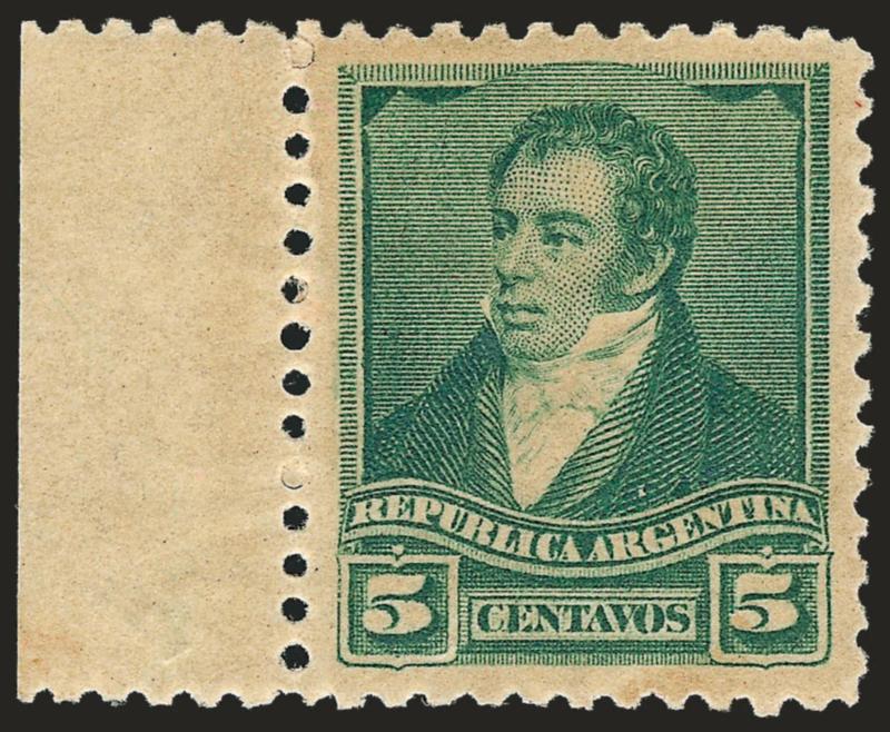 ARGENTINA, 1892-95, 5c Green, Error of Color (96a).> O. g. lightly hinged with left selvage, fresh and well-centered, Extremely Fine, very scarce