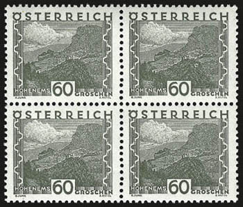 AUSTRIA, 1929-30, 10g-60g Views (326-337).> Mint N.H. blocks of four, Very Fine