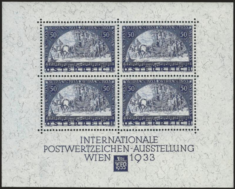 AUSTRIA, 1933, 50g WIPA Souvenir Sheet, Granite Paper (B111).> Lightly hinged, beautifully centered, Extremely Fine, with original folder