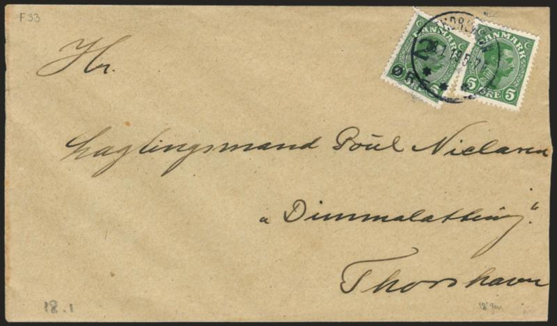 FAROE ISLANDS, 1919, 2o on 5o Green (1).> Used with Denmark 5o Green, tied on cover by Thorshavn Jan. 1, 1919 circular datestamp, Very Fine, with 1975 Gunner L. Nielsen certificate