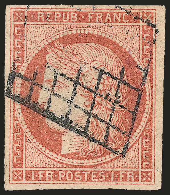 FRANCE, 1849-50, 1fr Vermilion on Yellowish (8).> Ample to huge margins, fresh color, partial lozenge cancel, small thin spot, Very Fine appearance