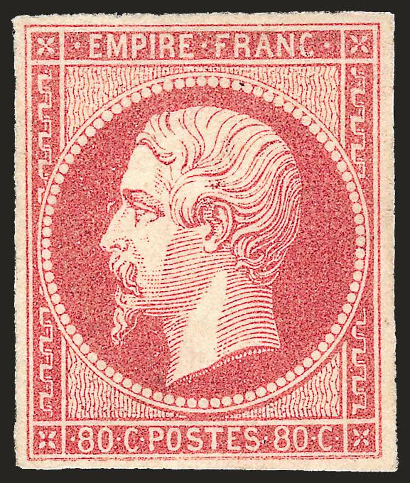 FRANCE, 1860, 80c Rose on Pinkish (20 Yvert 17B).> Original gum, lightly hinged, large margins, fresh and Extremely Fine, with 1991 P.F. certificate, 2006 Yvert 2,500 Euros