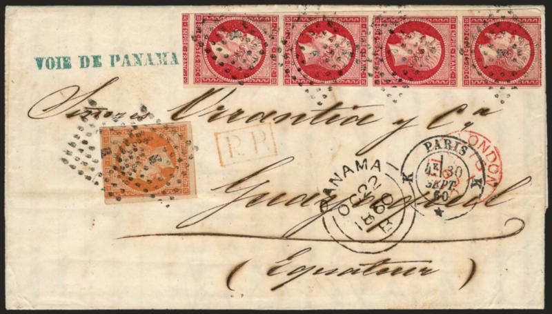 FRANCE, 1860, 80c Rose on Pinkish (20).> Group consisting of four singles, two pairs, two strips of three and also 1860 cover to Ecuador (VOIE DE PANAMA) with strip of four and additional 40c franking,
virtually all four margins and Fine-Very Fine