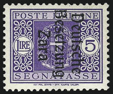 GERMAN OCCUPATION OF ZARA, 1943, 5c-2l Postage Due, Ty. II Overprints (Sassone S1-S10).> Virtually all Mint N.H. including key 25c and 60c-5l, deep rich colors on bright paper<><>^FINE-VERY FINE. A RARE
COMPLETE SET OF THE ZARA OCCUPATION POSTAGE