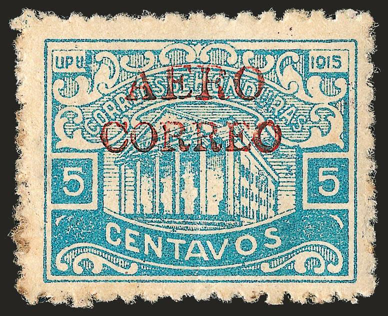 HONDURAS, 1925, 5c Light Blue, Red AERO CORREO Ovpt. (C3).> Full original gum with some very trivial gum toning as to be expected, well-centered, light vertical gum crease<><>^VERY FINE AND CHOICE. A DESIRABLE
EXAMPLE OF THIS RARE AIR POST STAMP
