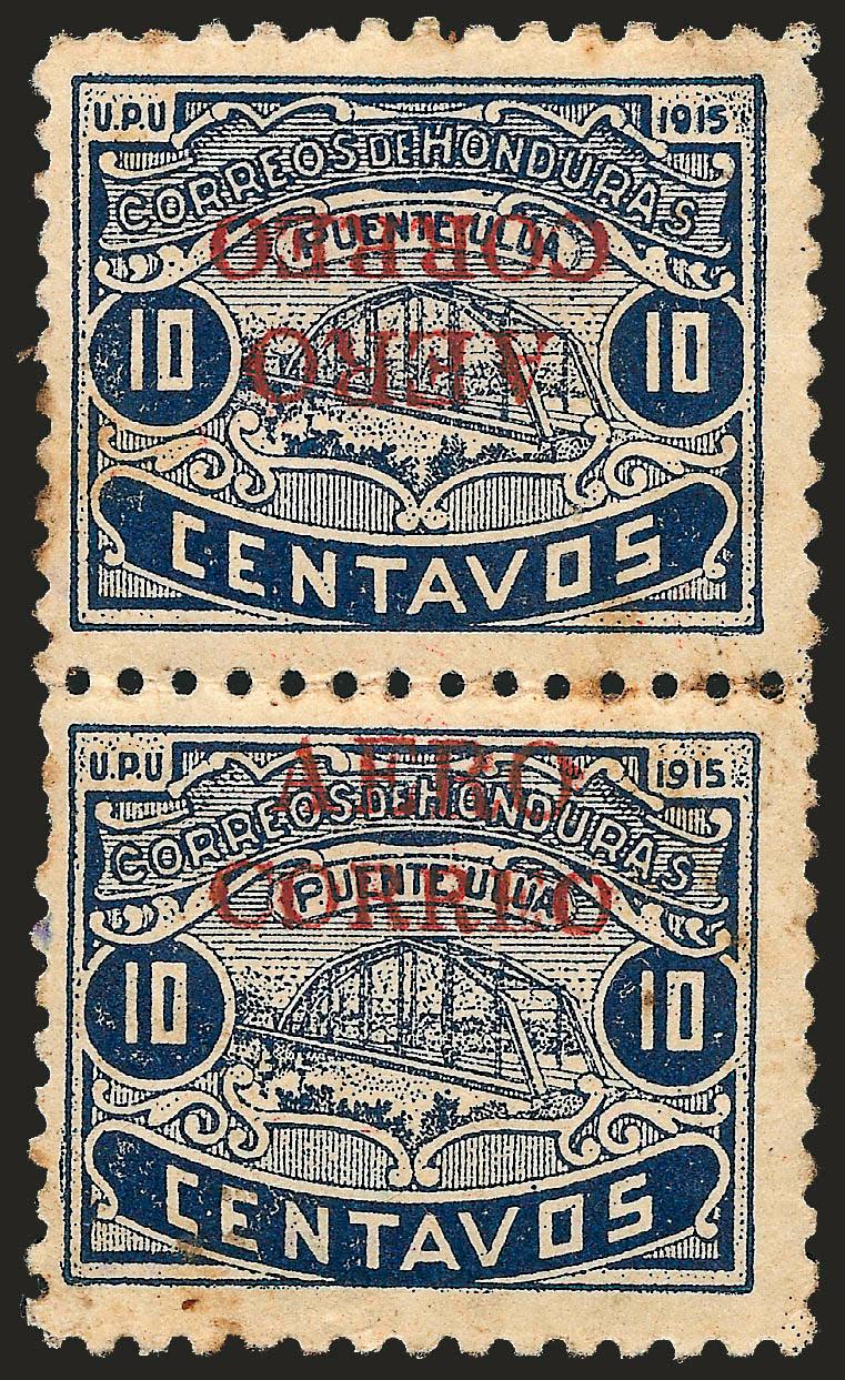 HONDURAS, 1925, 10c Dark Blue, Normal and Inverted AERO CORREO Ovpt. in Red, Tete Beche Pair (C4b).> Some toning as always, top stamp short perf at right, otherwise, Fine-Very Fine, signed Dr.
Duron