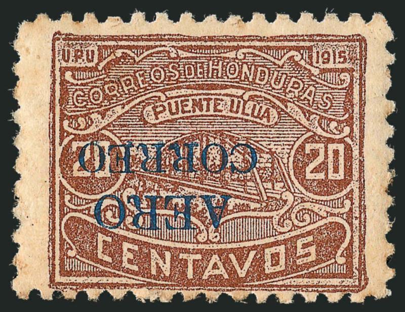 HONDURAS, 1925, 20c Red Brown, Inverted AERO CORREO Ovpt. in Blue (C7a).> Few tiny gum toning specks as always,  Fine