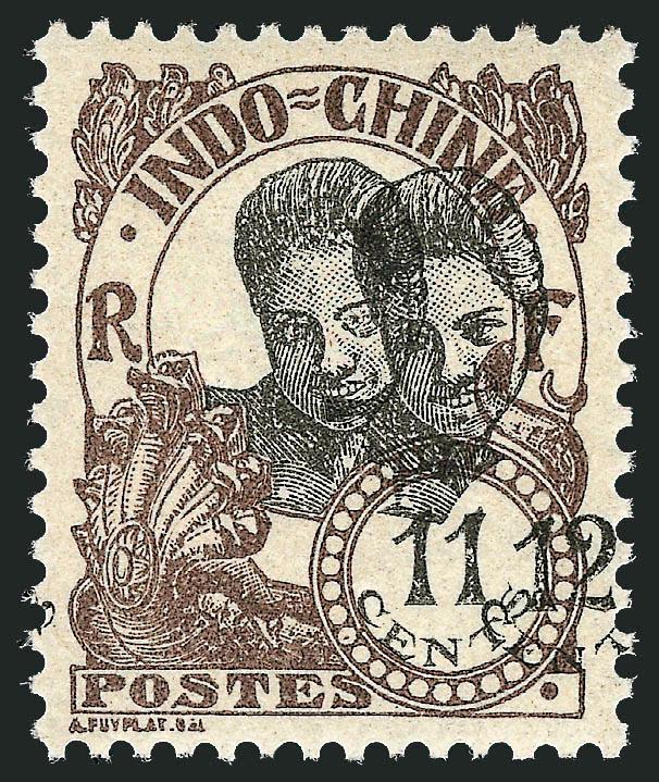 INDO-CHINA, 1922-23, 12c Brown & Black, Head and Value (11c + 12c) Double (109a).> Barely hinged, Very Fine and choice, scarce, seldom seen variety