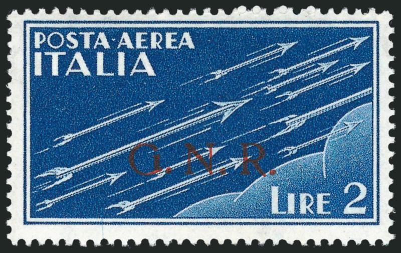 ITALIAN SOCIALIST REPUBLIC,1943-44, 2l Blue, Brescia Printing, Type I Overprint (Sassone PA122I).> Very lightly hinged, Fine and attractive, unlisted in Scott, Sassone value