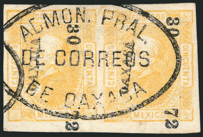 MEXICO, 1872, 50c Yellow (84).> Horizontal pair, large to huge margins, bright color and bold Oaxaca oval cancel, Extremely Fine, Scott Retail as two used singles