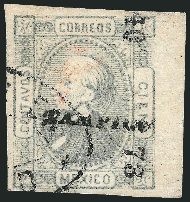 MEXICO, 1872, 100c Gray Blue, Watermarked LA + F (86a).> Ample to huge margins incl. right sheet margin, TAMPICO district name, Very Fine, with 1978 MEPSI certificate